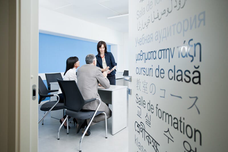 An image of multi-language wall graphic signage.